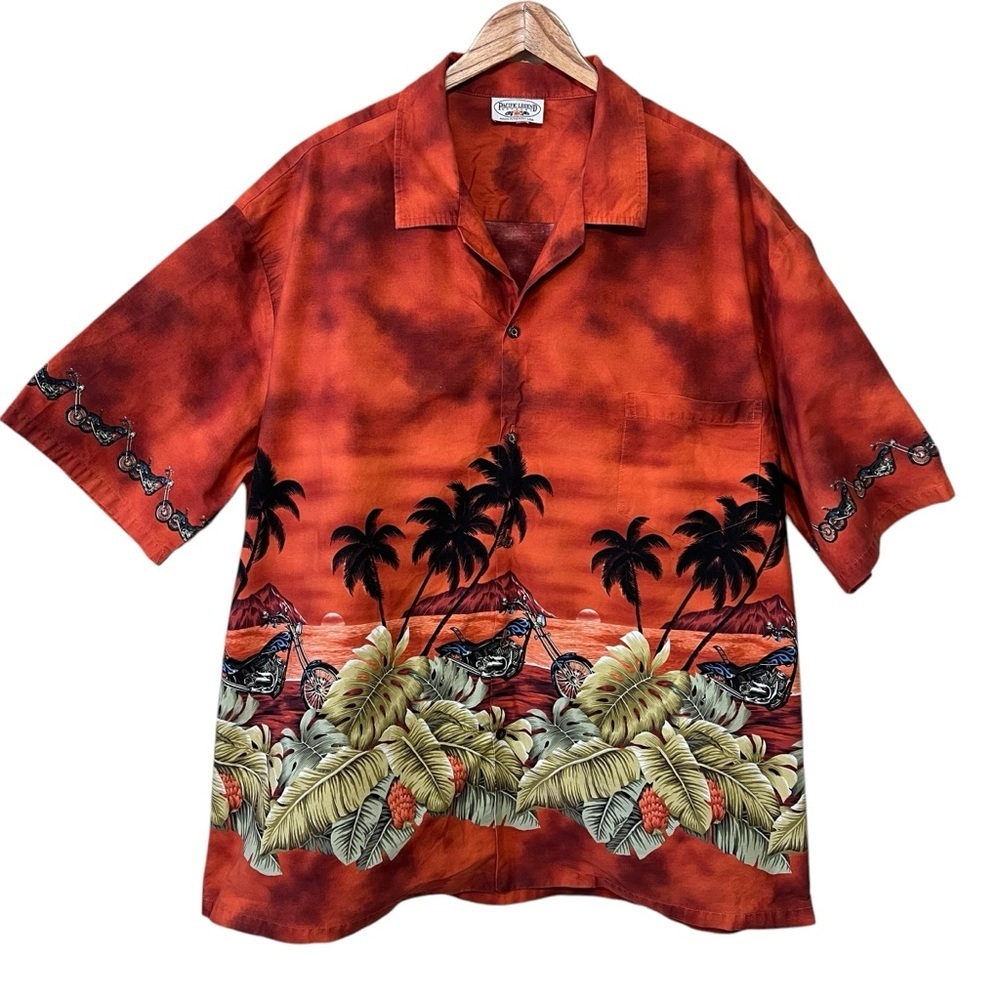 Pacific Legend Motorcycle Palm Trees Hawaiian Button Up  Shirt Size 4XL